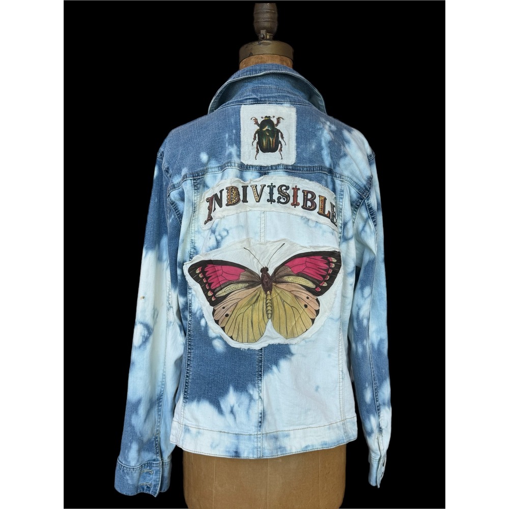 Upcycled Denim‎ Jacket Butterfly Folk Art Jacket Bleached Jean Jacket Large